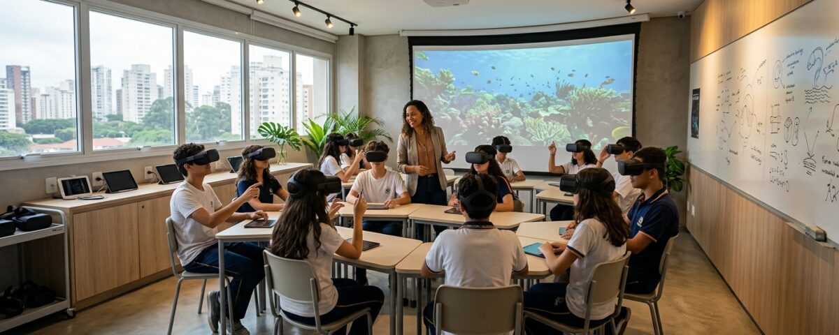 Professor utilizando realidade virtual 360 em sala de aula