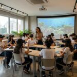 Professor utilizando realidade virtual 360 em sala de aula