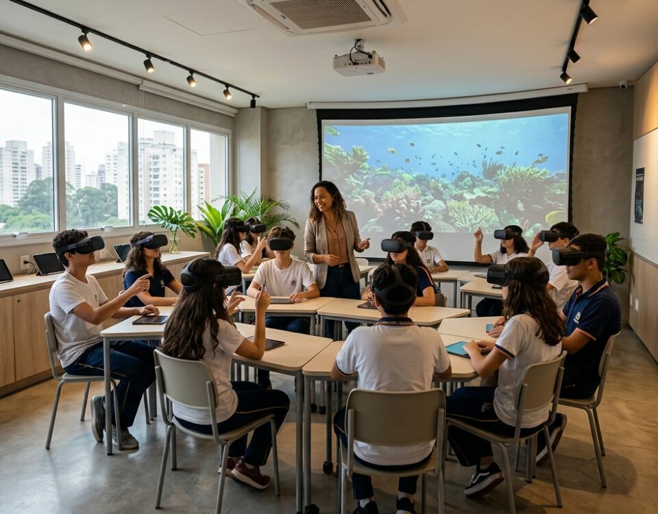 Professor utilizando realidade virtual 360 em sala de aula