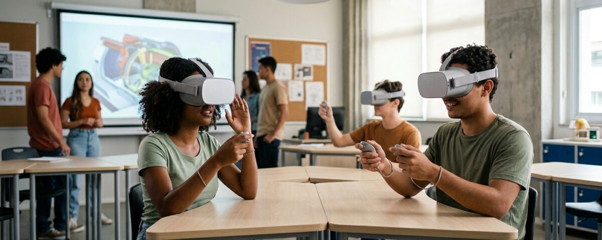 Estudantes utilizando tecnologia de realidade virtual 360 no ensino