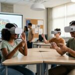 Estudantes utilizando tecnologia de realidade virtual 360 no ensino