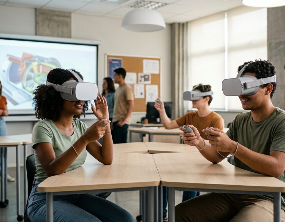 Estudantes utilizando tecnologia de realidade virtual 360 no ensino