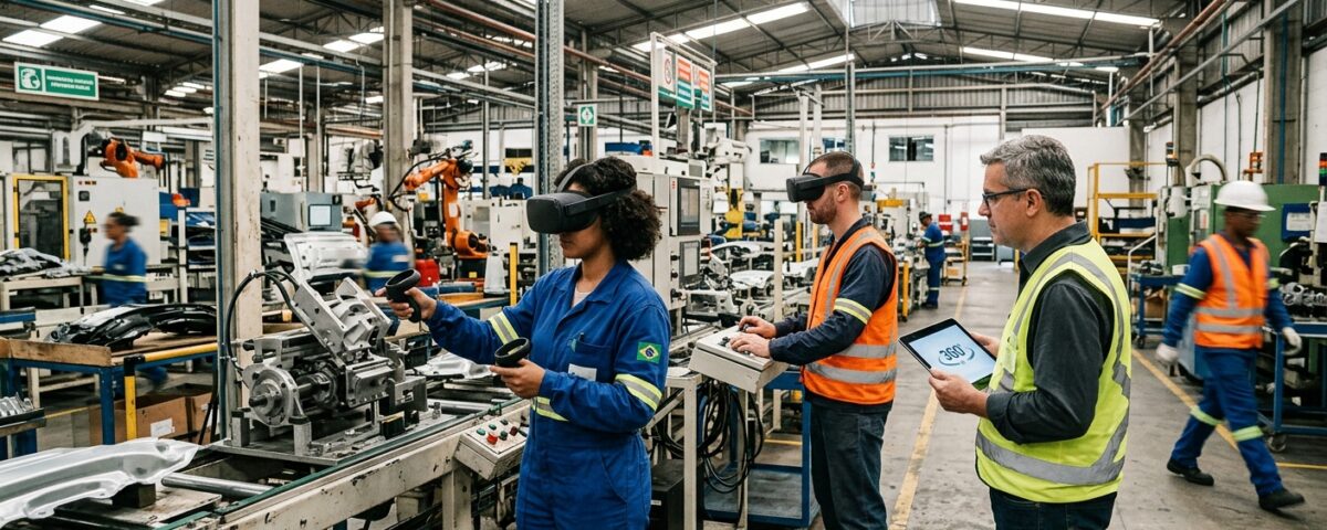 Ilustração de realidade virtual 360 aplicada em fábrica moderna