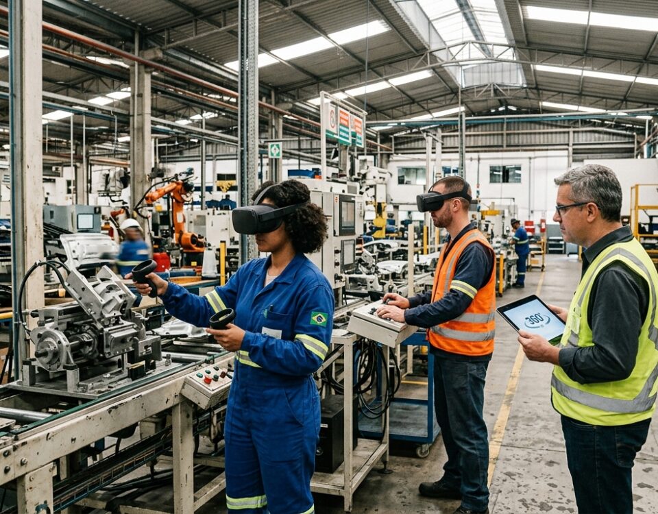 Ilustração de realidade virtual 360 aplicada em fábrica moderna
