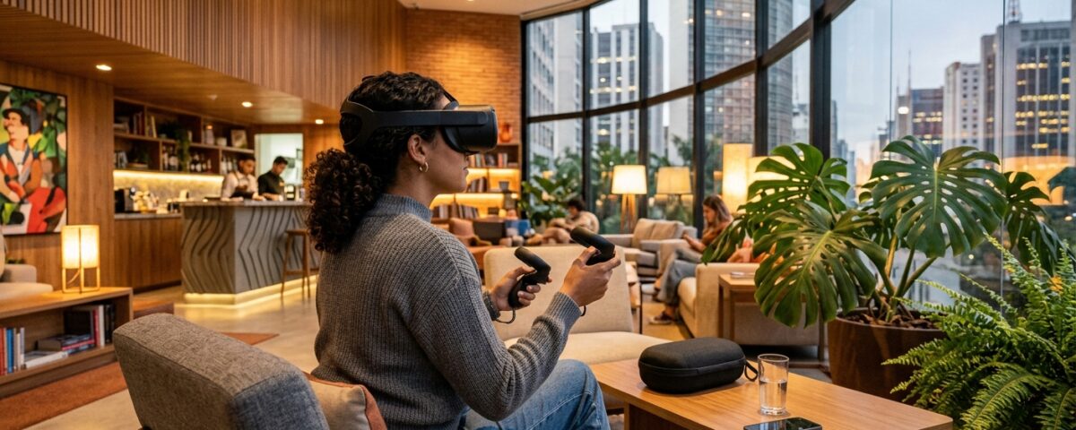 Imagem de tour virtual 360 em hotel usando realidade virtual