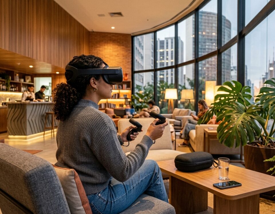 Imagem de tour virtual 360 em hotel usando realidade virtual