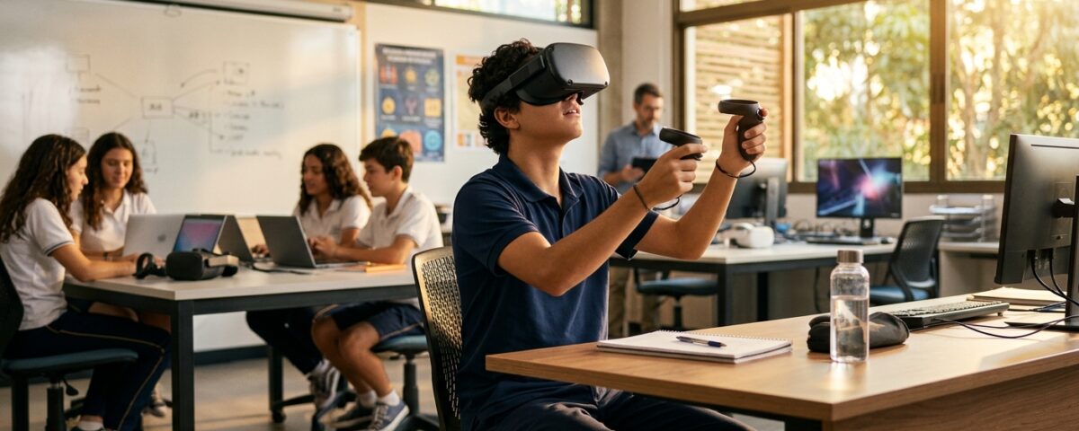 Aluno utilizando óculos de realidade virtual em ambiente educacional moderno