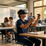 Aluno utilizando óculos de realidade virtual em ambiente educacional moderno