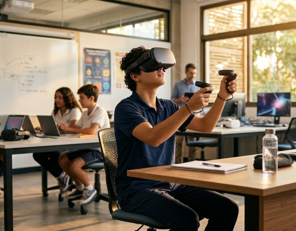 Aluno utilizando óculos de realidade virtual em ambiente educacional moderno