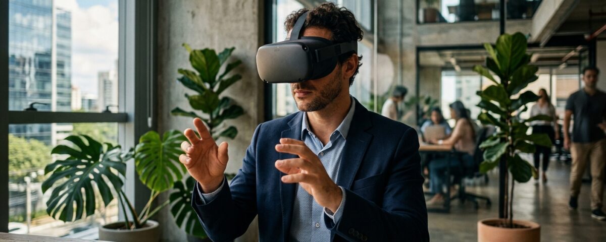 Ambiente empresarial com tecnologia de realidade virtual 360 em uso