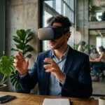 Ambiente empresarial com tecnologia de realidade virtual 360 em uso