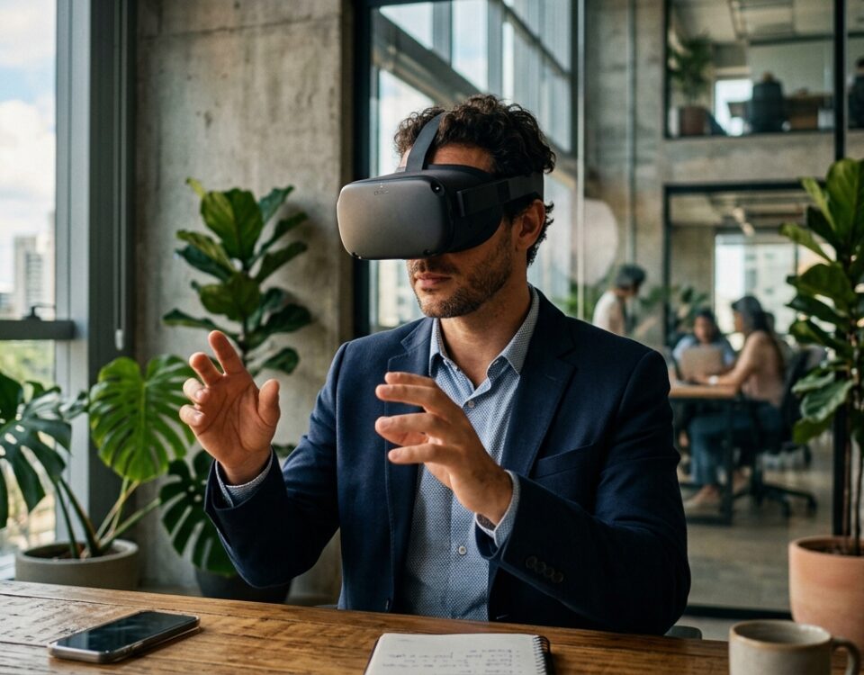 Ambiente empresarial com tecnologia de realidade virtual 360 em uso