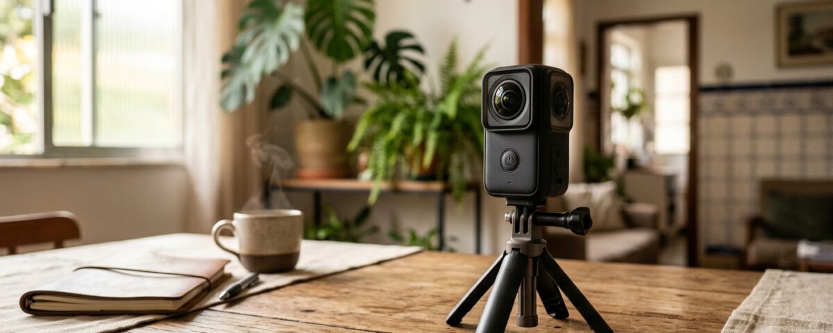 Câmera 360 graus profissional sobre uma mesa com fundo desfocado