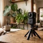 Câmera 360 graus profissional sobre uma mesa com fundo desfocado