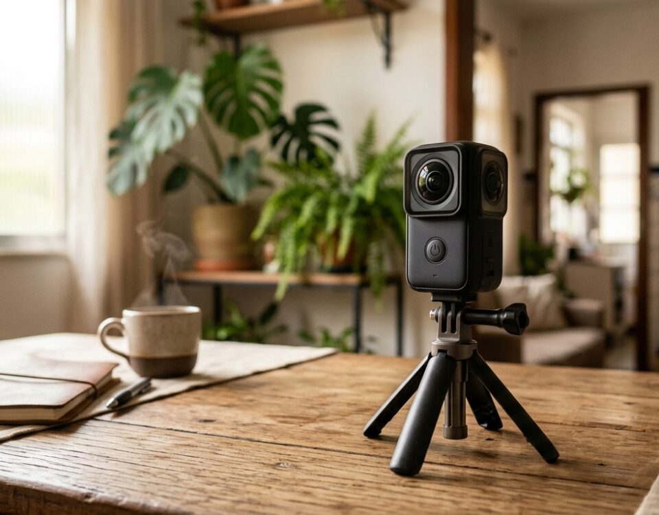 Câmera 360 graus profissional sobre uma mesa com fundo desfocado