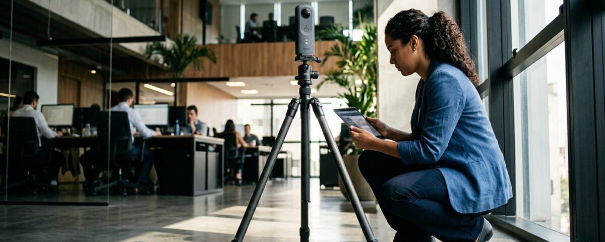 Câmera profissional capturando imagem 360 graus em ambiente corporativo