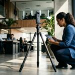 Câmera profissional capturando imagem 360 graus em ambiente corporativo