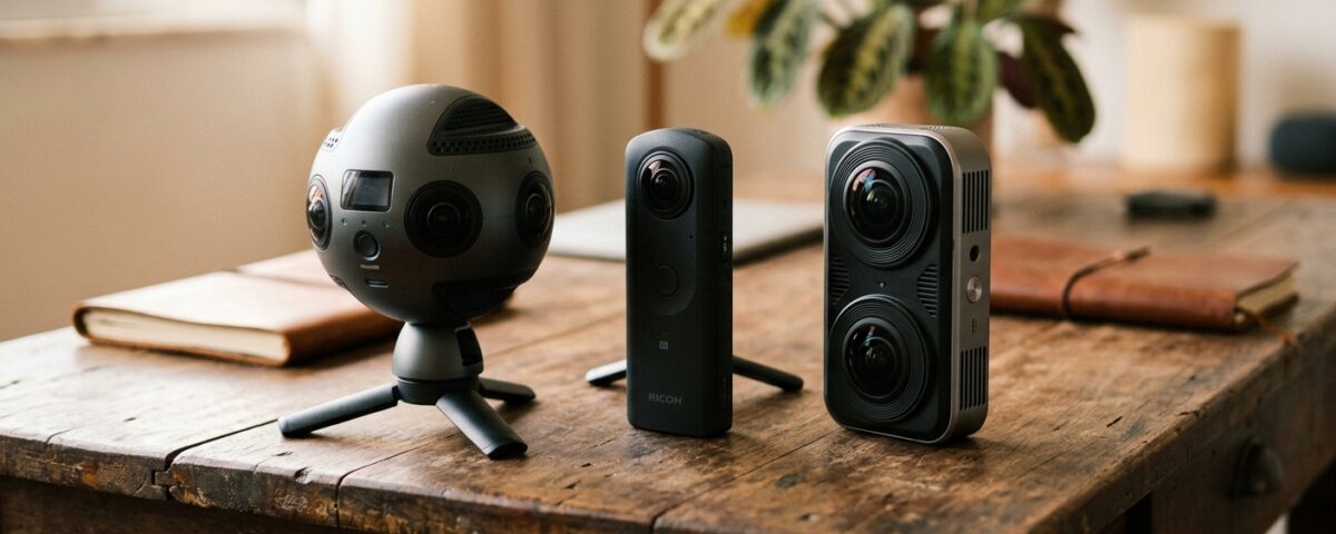 Câmeras 360 graus alinhadas sobre mesa para comparação