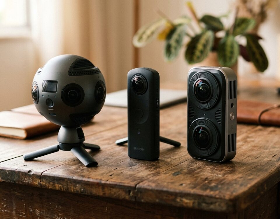 Câmeras 360 graus alinhadas sobre mesa para comparação