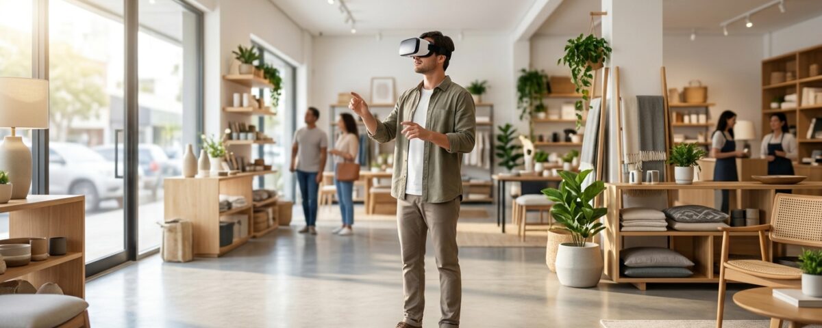 Cliente explorando tour virtual 360 em loja moderna