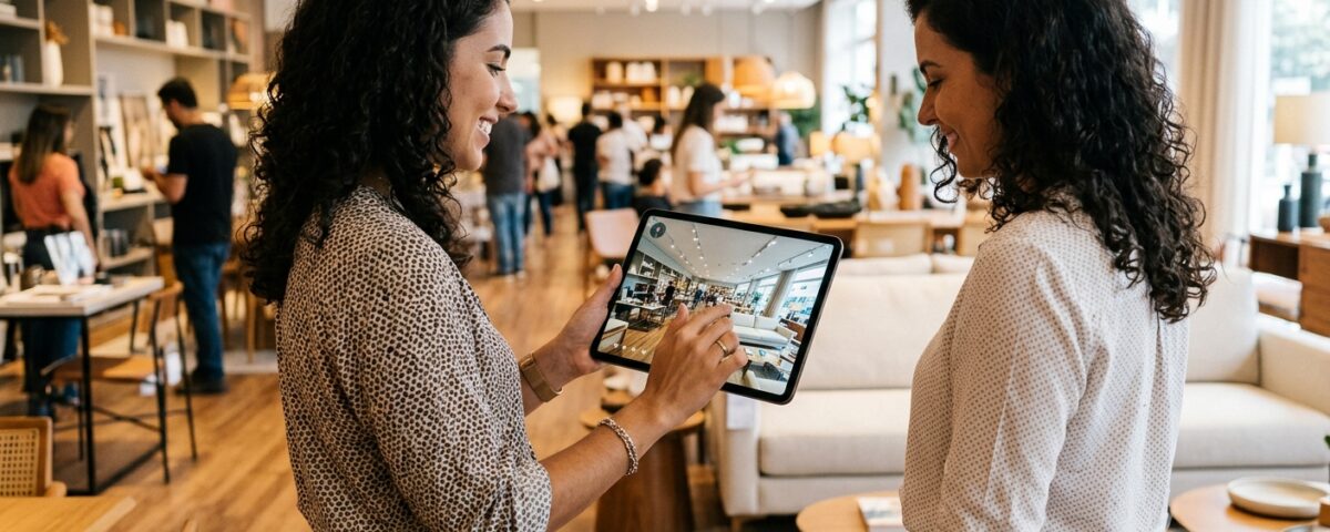 Cliente interagindo com tour virtual 360 em loja comercial