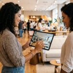 Cliente interagindo com tour virtual 360 em loja comercial