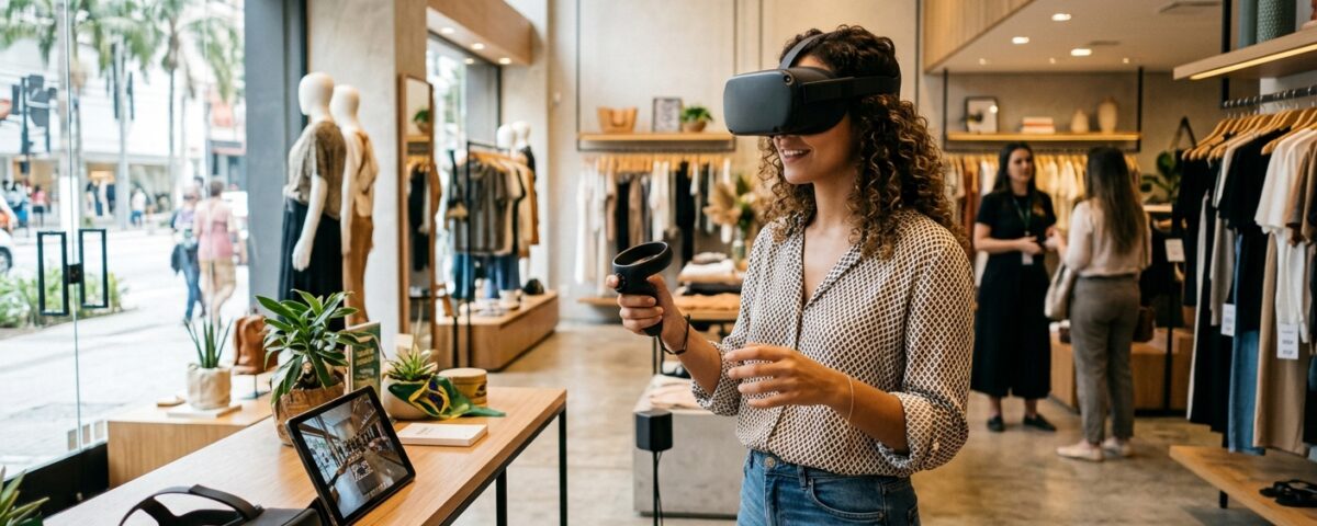 Cliente utilizando realidade virtual 360 em loja de varejo