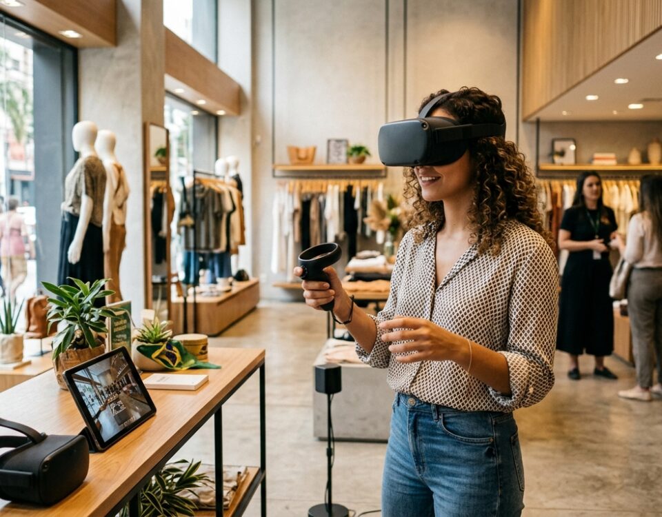Cliente utilizando realidade virtual 360 em loja de varejo