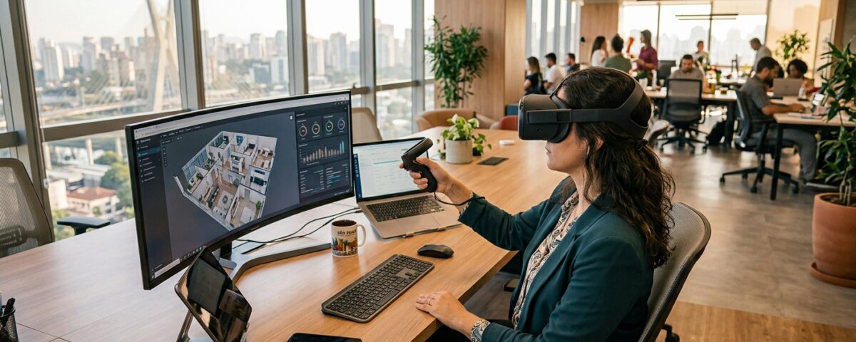 Empresa utilizando tecnologia de realidade virtual 360 em ambiente corporativo