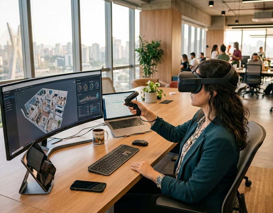 Empresa utilizando tecnologia de realidade virtual 360 em ambiente corporativo