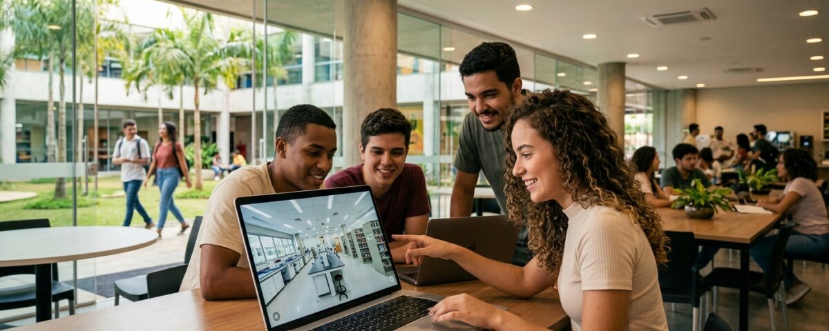 Estudantes explorando tour virtual em um computador