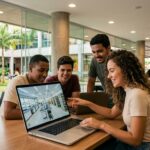 Estudantes explorando tour virtual em um computador
