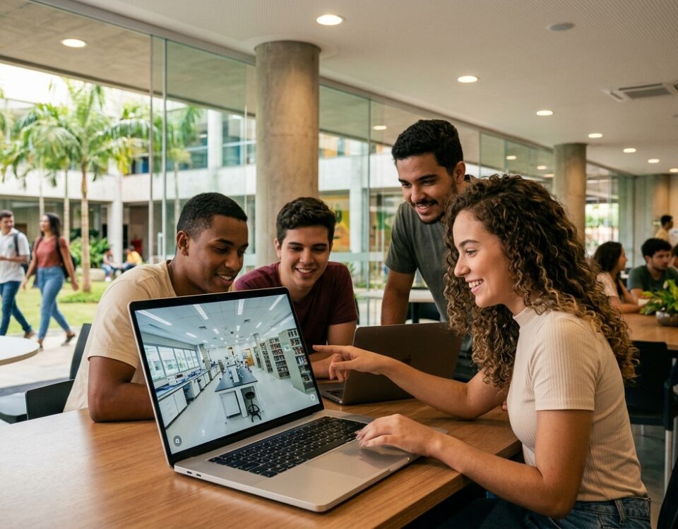 Estudantes explorando tour virtual em um computador