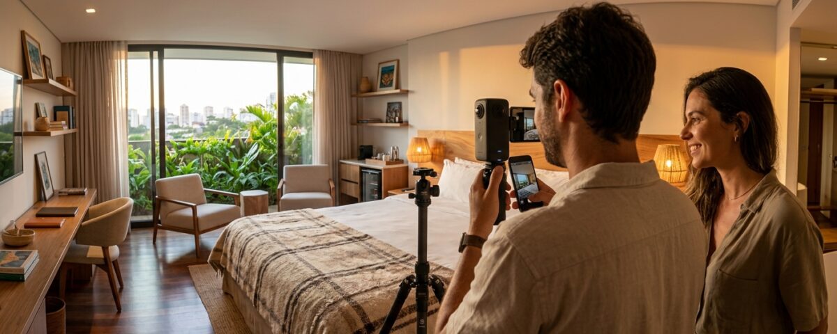Imagem 360° de um quarto de hotel moderno e iluminado