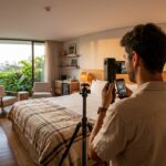 Imagem 360° de um quarto de hotel moderno e iluminado