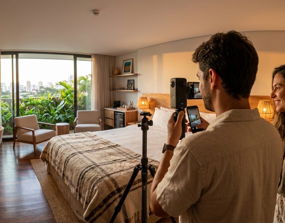 Imagem 360° de um quarto de hotel moderno e iluminado