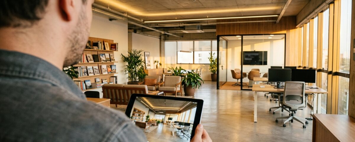 Imagem de um tour virtual 360° em um ambiente comercial moderno