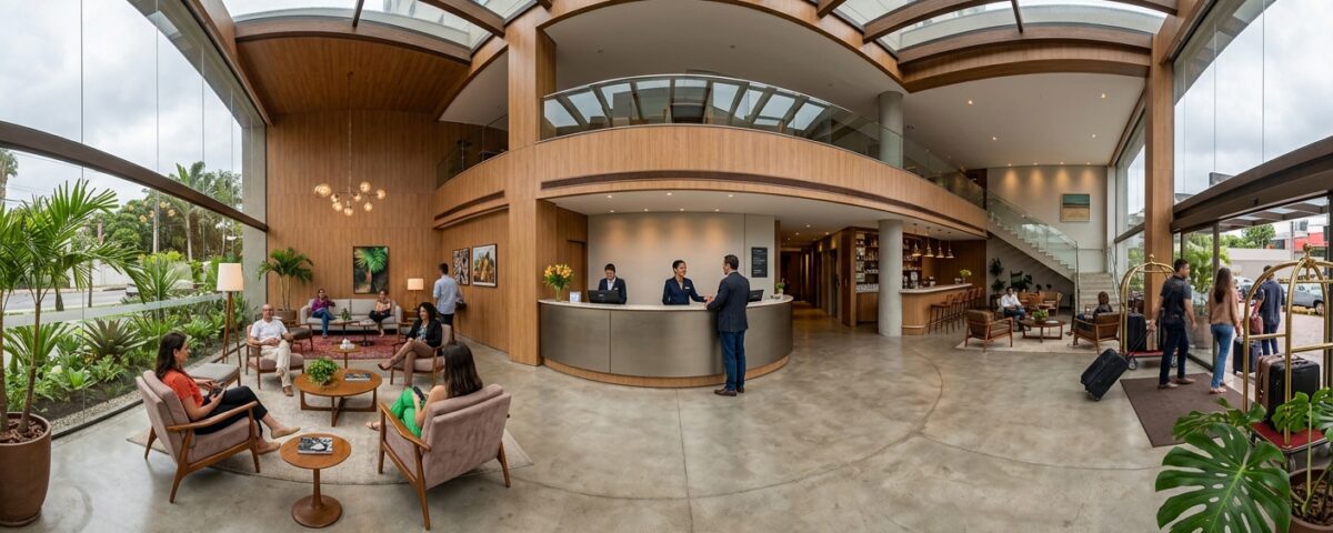 Imagem de um tour virtual 360º em um lobby de hotel moderno