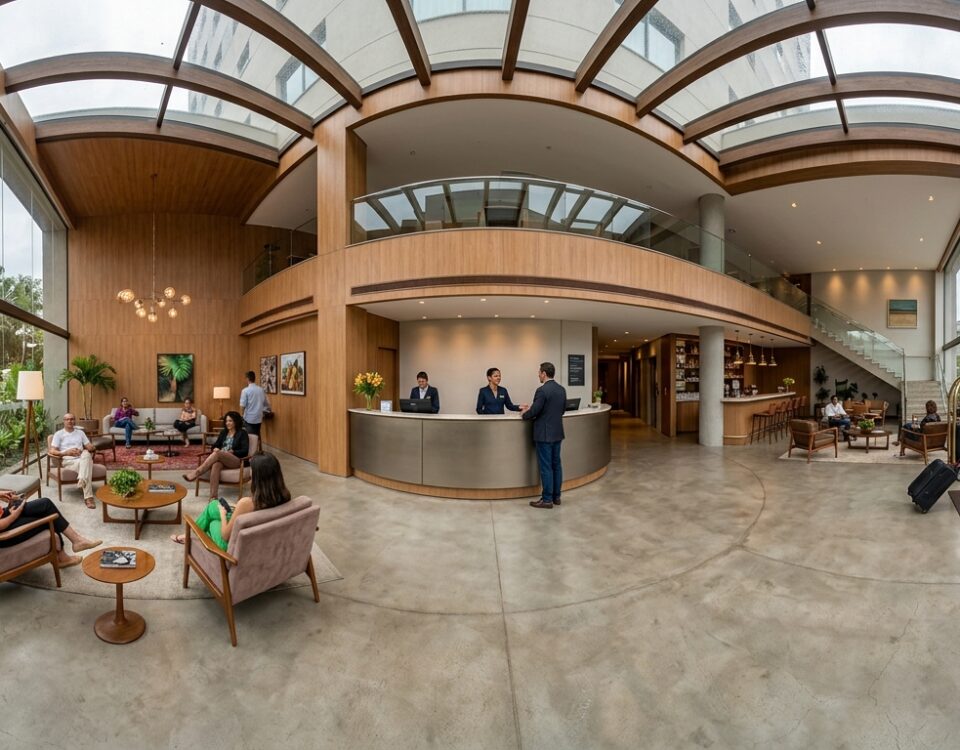 Imagem de um tour virtual 360º em um lobby de hotel moderno