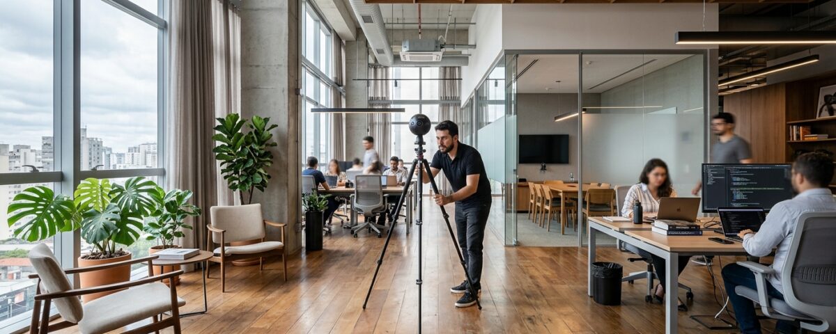 Imagem de um tour virtual em fotografia 360° de um imóvel comercial moderno