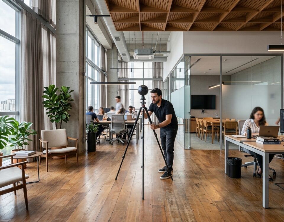 Imagem de um tour virtual em fotografia 360° de um imóvel comercial moderno