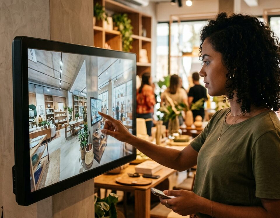 Imagem mostrando uma experiência de tour virtual 360º em um ambiente comercial