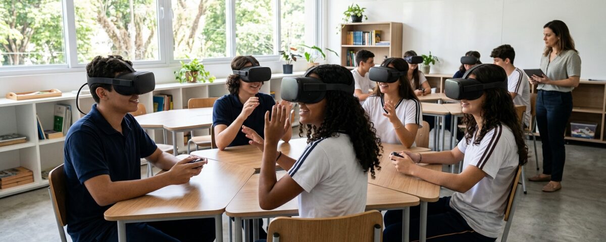 Sala de aula com estudantes utilizando óculos de realidade virtual 360