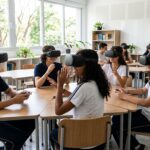 Sala de aula com estudantes utilizando óculos de realidade virtual 360