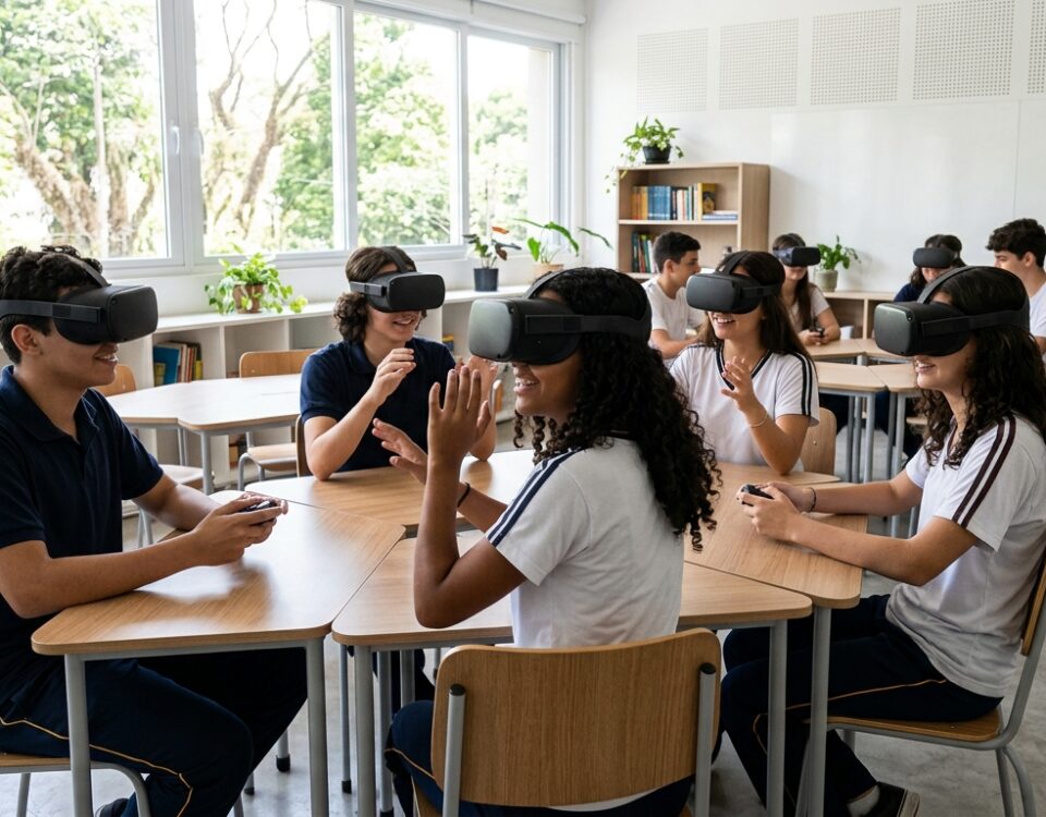 Sala de aula com estudantes utilizando óculos de realidade virtual 360